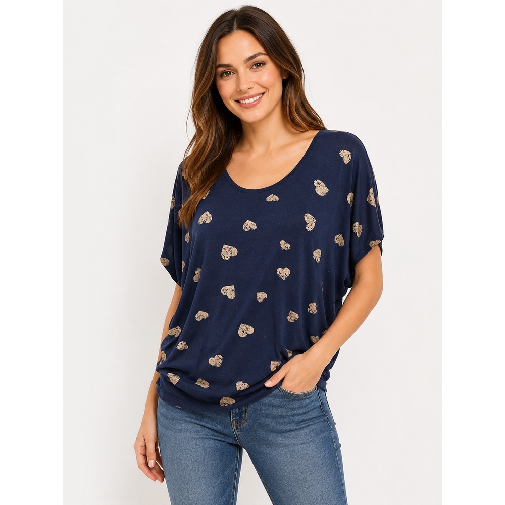 Women's Navy Metallic Gold Heart Print Blouse S Rayon Dolman Sleeve Draped Top